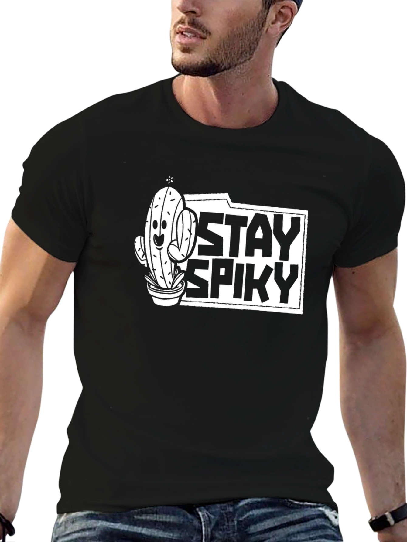 Stay Spiky Cactus Graphic Tee - Black Cotton T-Shirt
