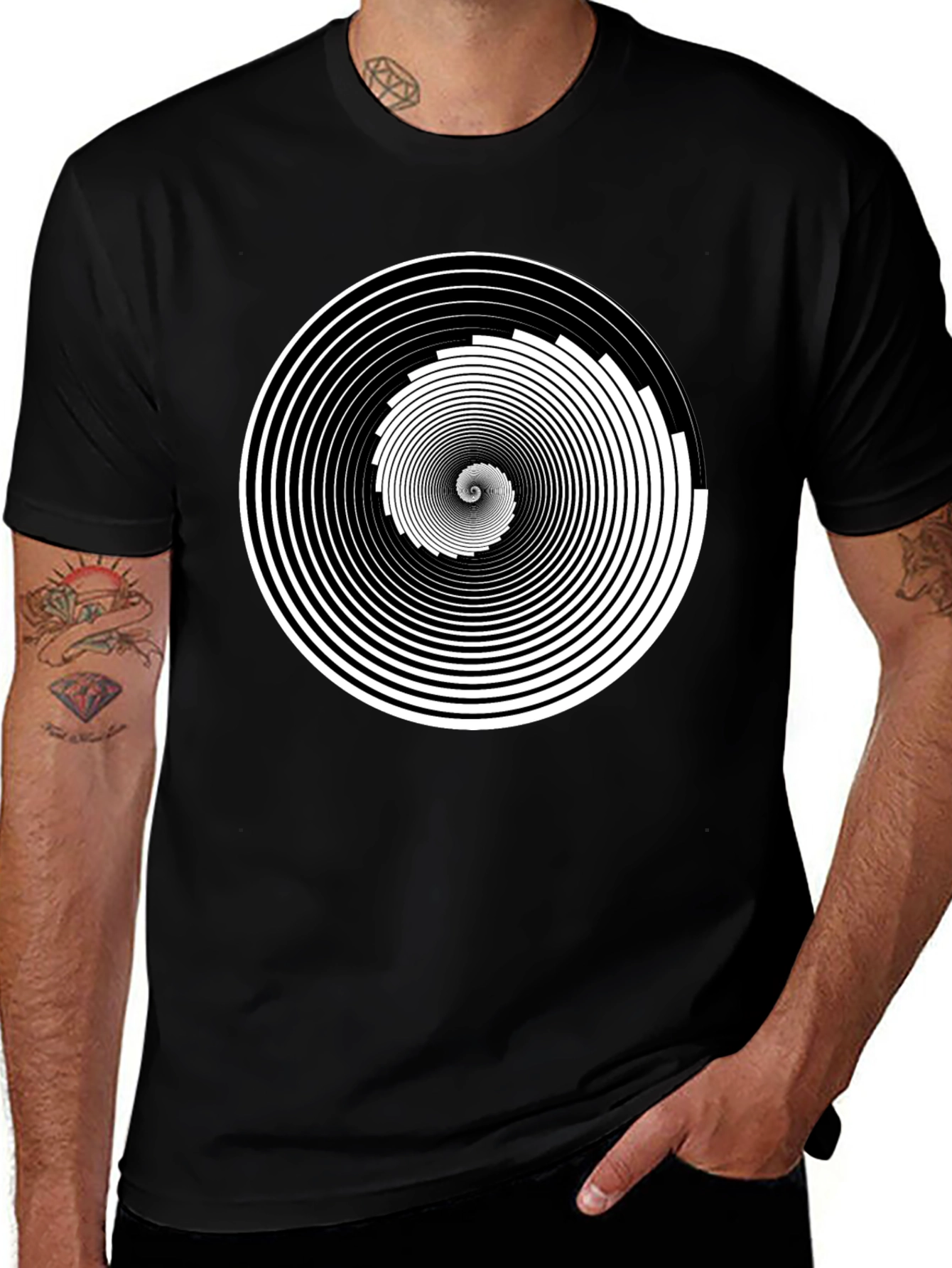 Hypnotic Spiral Graphic Tee - Black Cotton Crew Neck