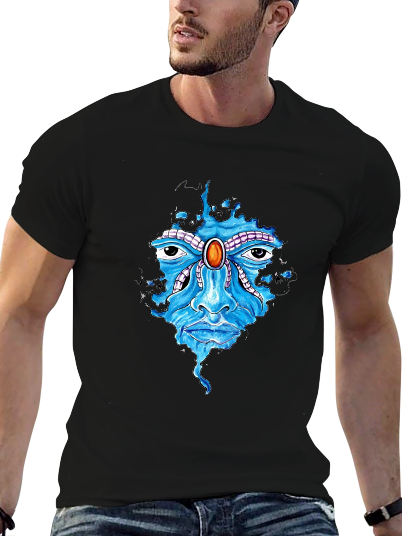Abstract Face Graphic Print Mens Black T-Shirt