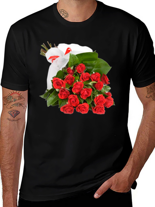 Roses Bouquet T-Shirt - Black Crew Neck Tee