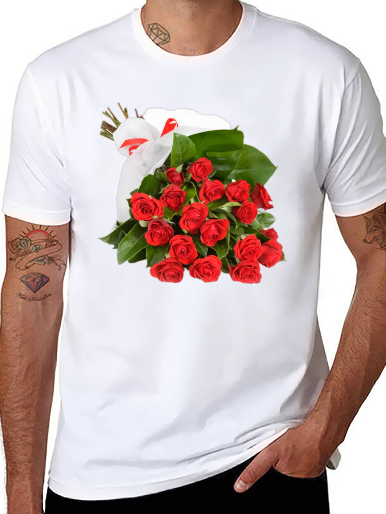 Roses Bouquet T-Shirt - Black Crew Neck Tee