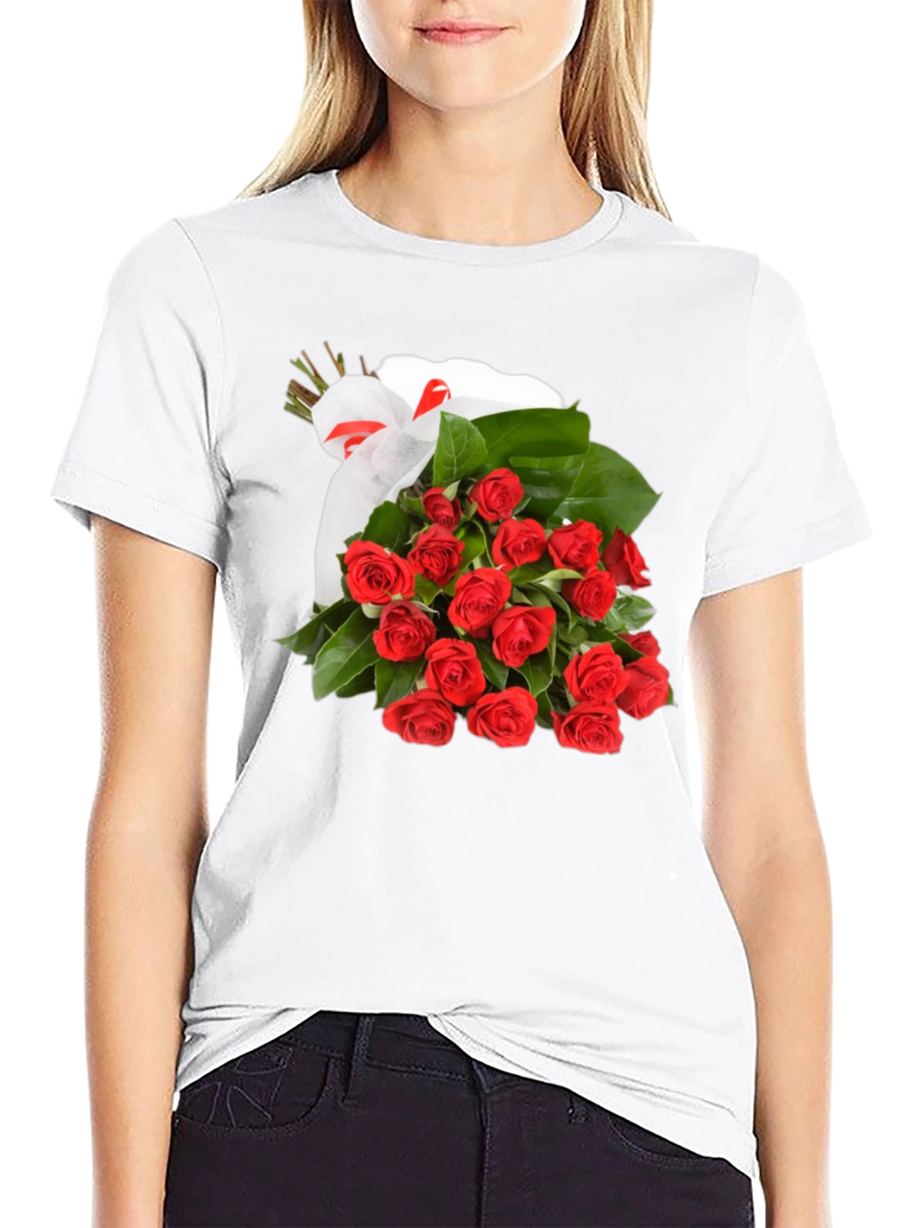 Roses Bouquet T-Shirt - Black Crew Neck Tee
