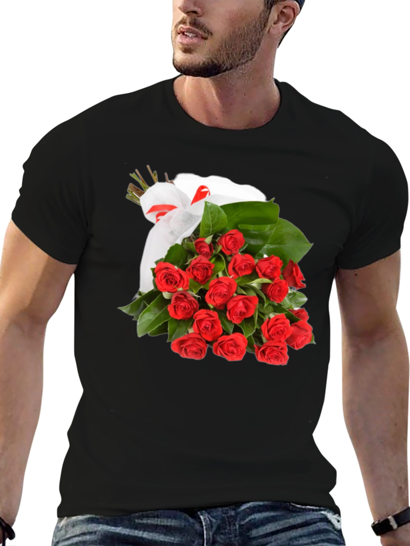 Roses Bouquet T-Shirt - Black Crew Neck Tee