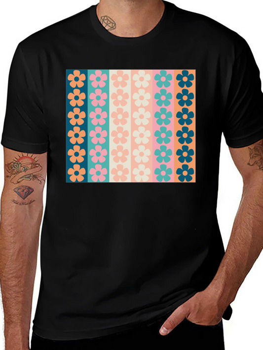 Retro Floral Stripe T-Shirt - Black Crew Neck Tee