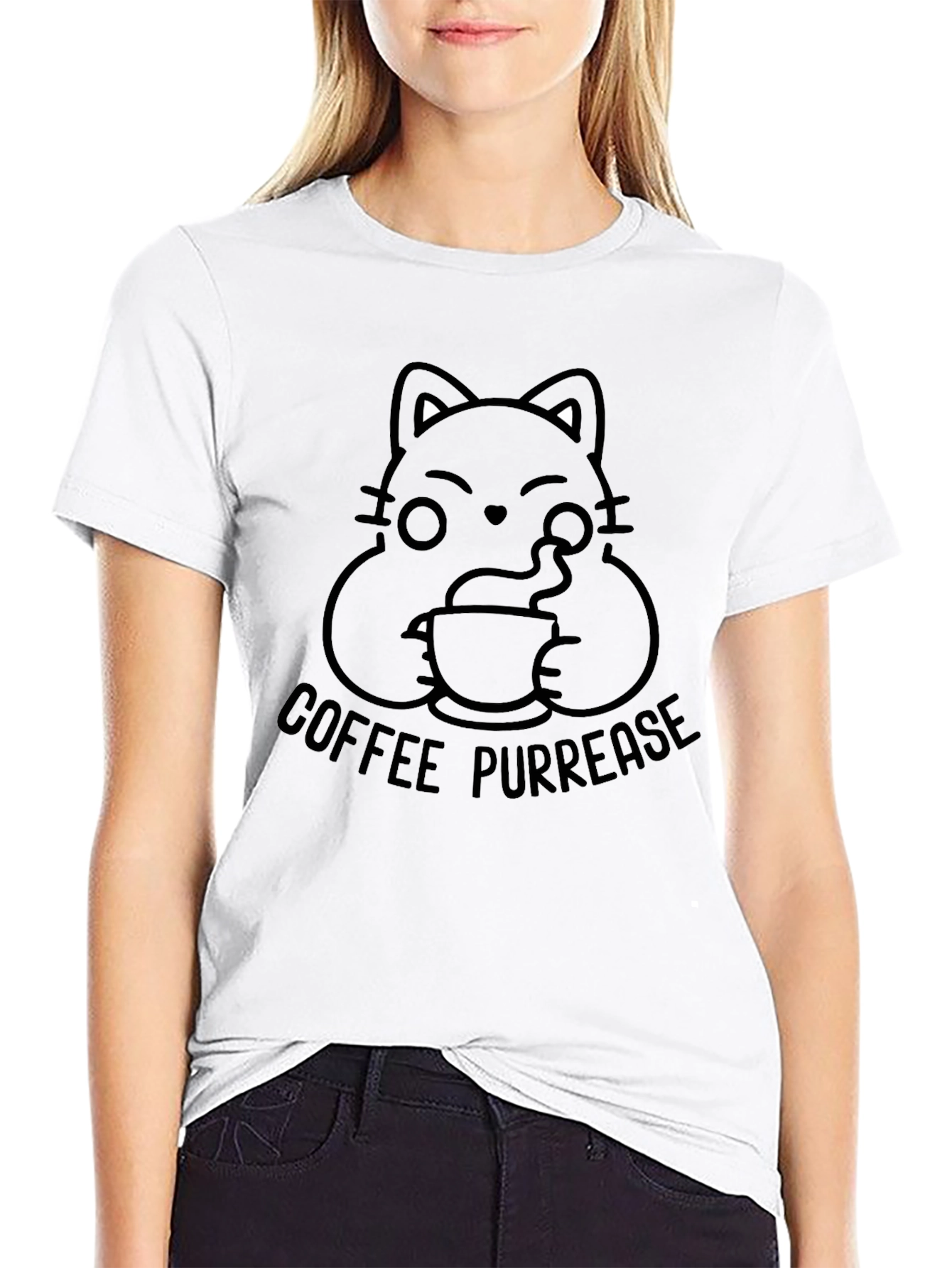 Coffee Purlease Cat Graphic Tee - Black T-Shirt