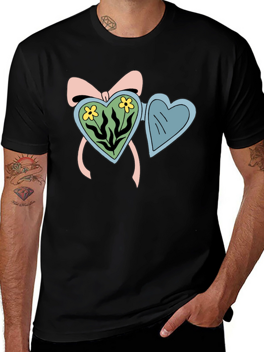 Heart Locket Flower Graphic Black T-Shirt
