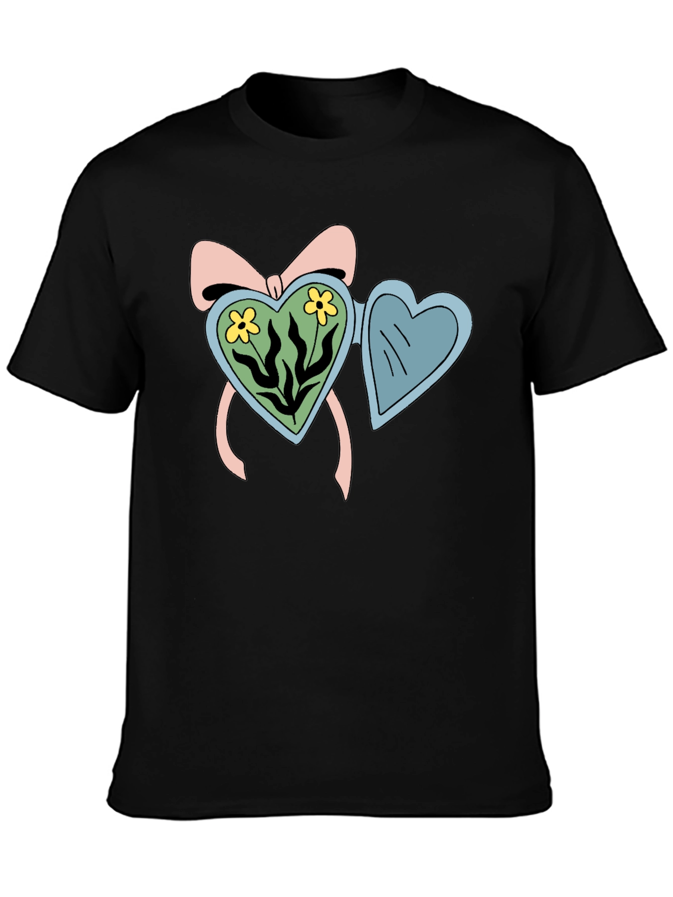 Heart Locket Flower Graphic Black T-Shirt