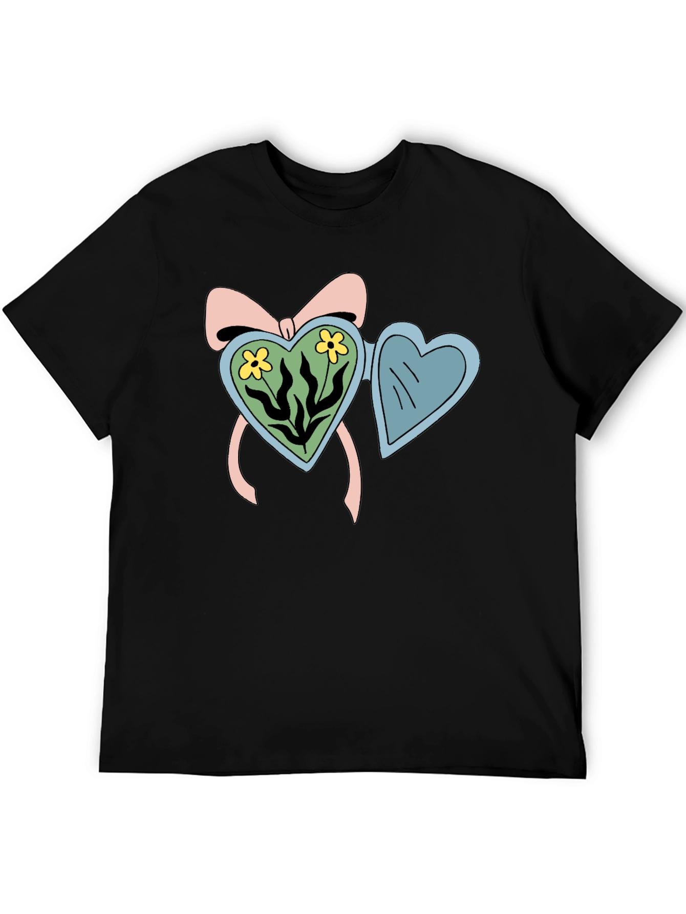 Heart Locket Flower Graphic Black T-Shirt