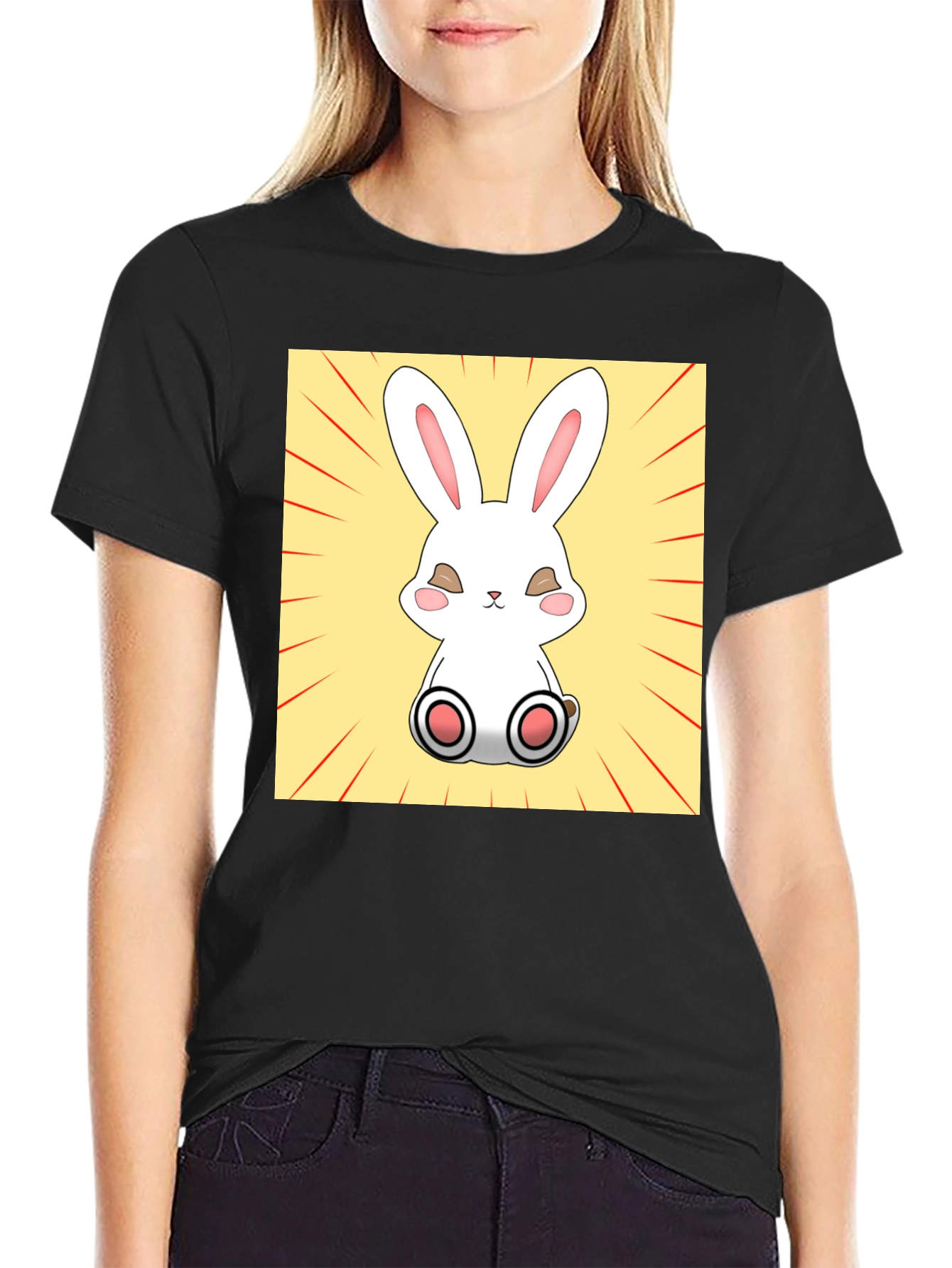 Cute Bunny Graphic Tee - Black Cotton T-Shirt