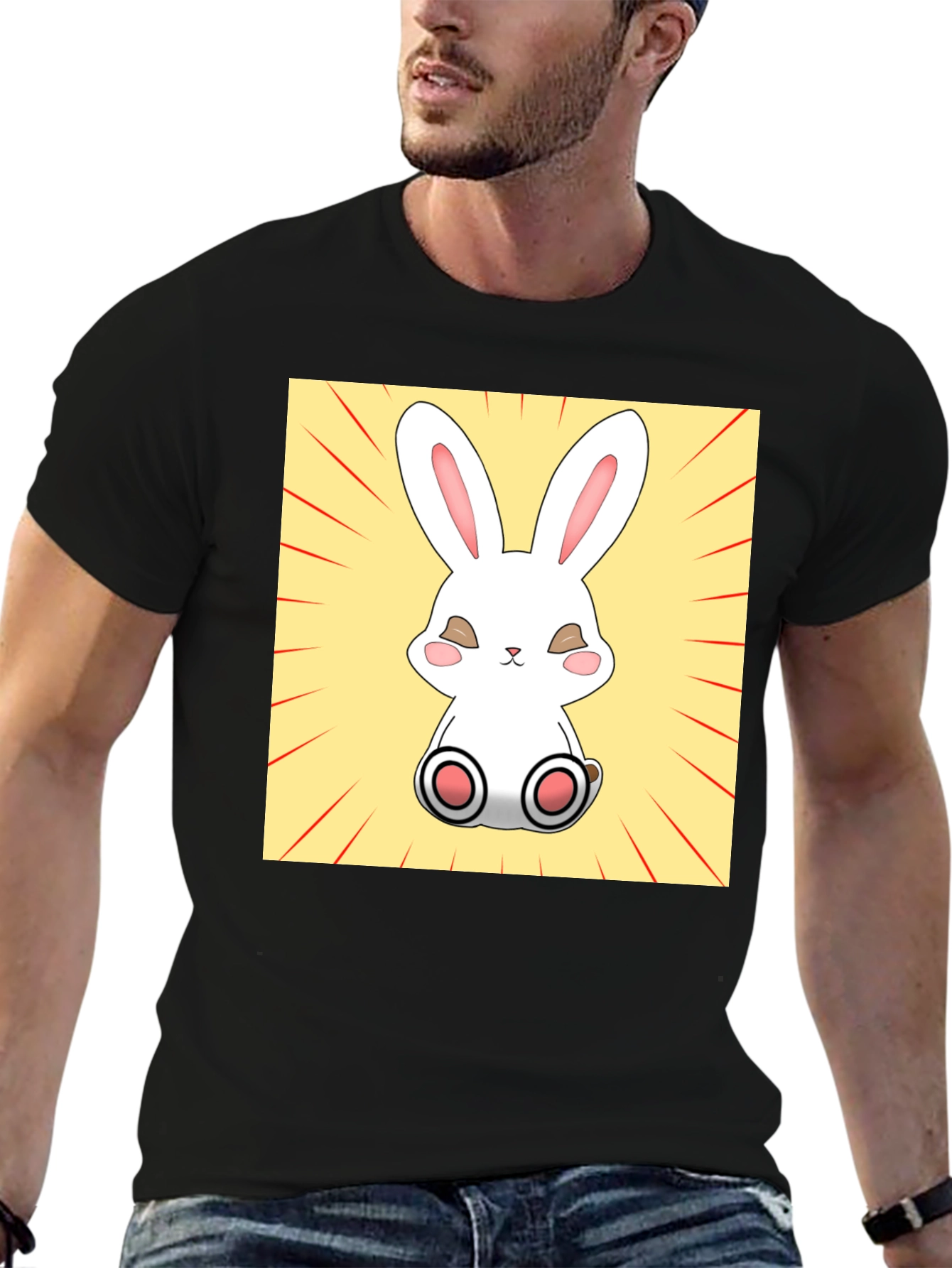 Cute Bunny Graphic Tee - Black Cotton T-Shirt