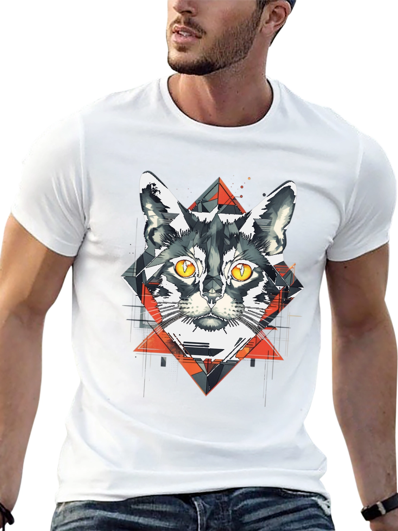 Geometric Cat Graphic Black T-Shirt