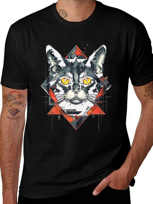 Geometric Cat Graphic Black T-Shirt