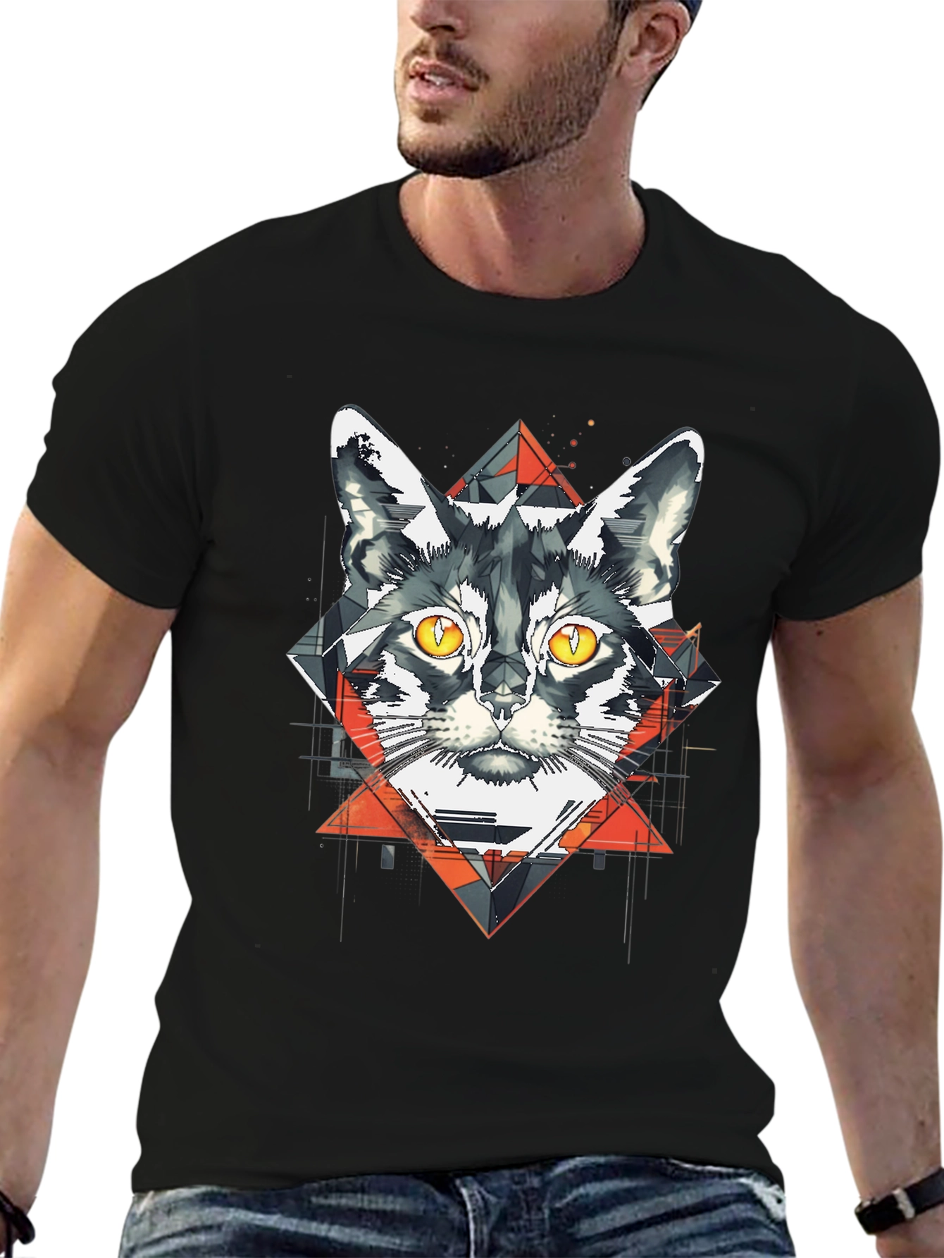 Geometric Cat Graphic Black T-Shirt