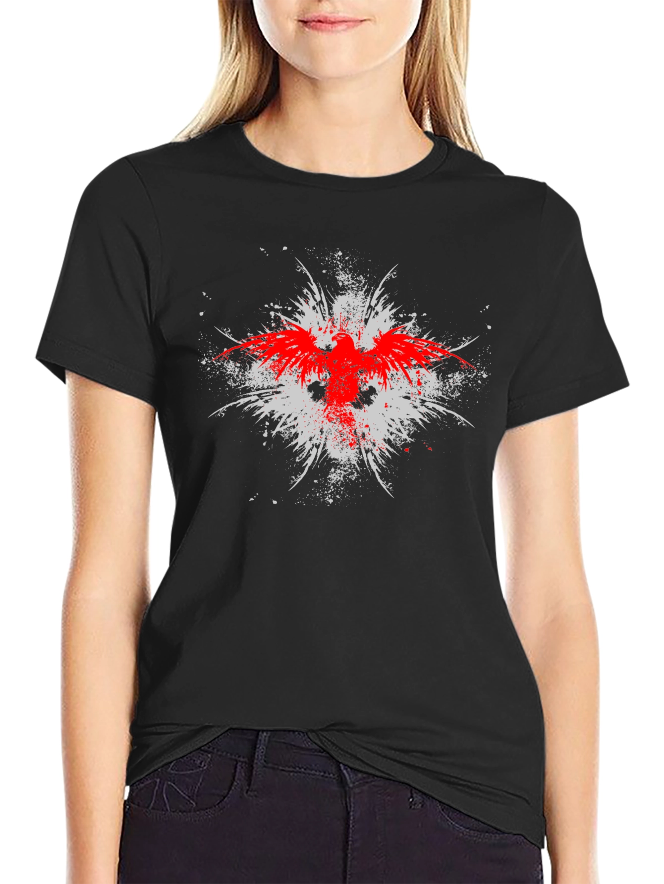 Black T-Shirt with Red & White Graphic Print