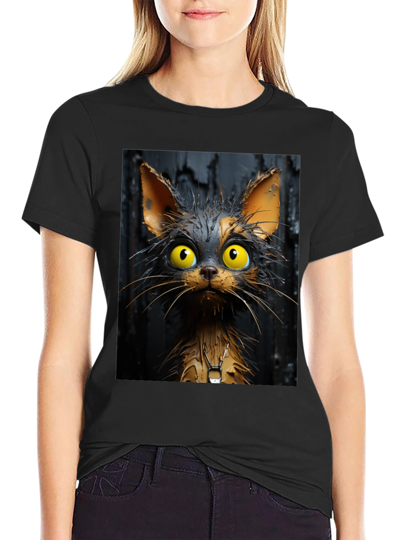 Cartoon Cat Graphic Tee - Unisex Black T-Shirt