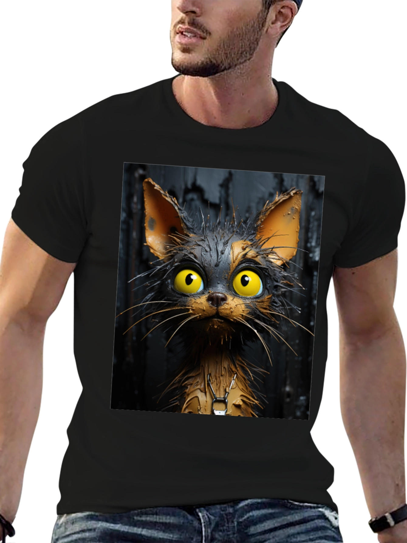Cartoon Cat Graphic Tee - Unisex Black T-Shirt