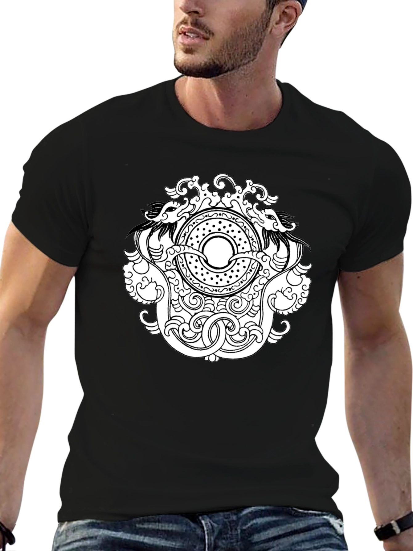 Black T-Shirt with Intricate Dragon Design