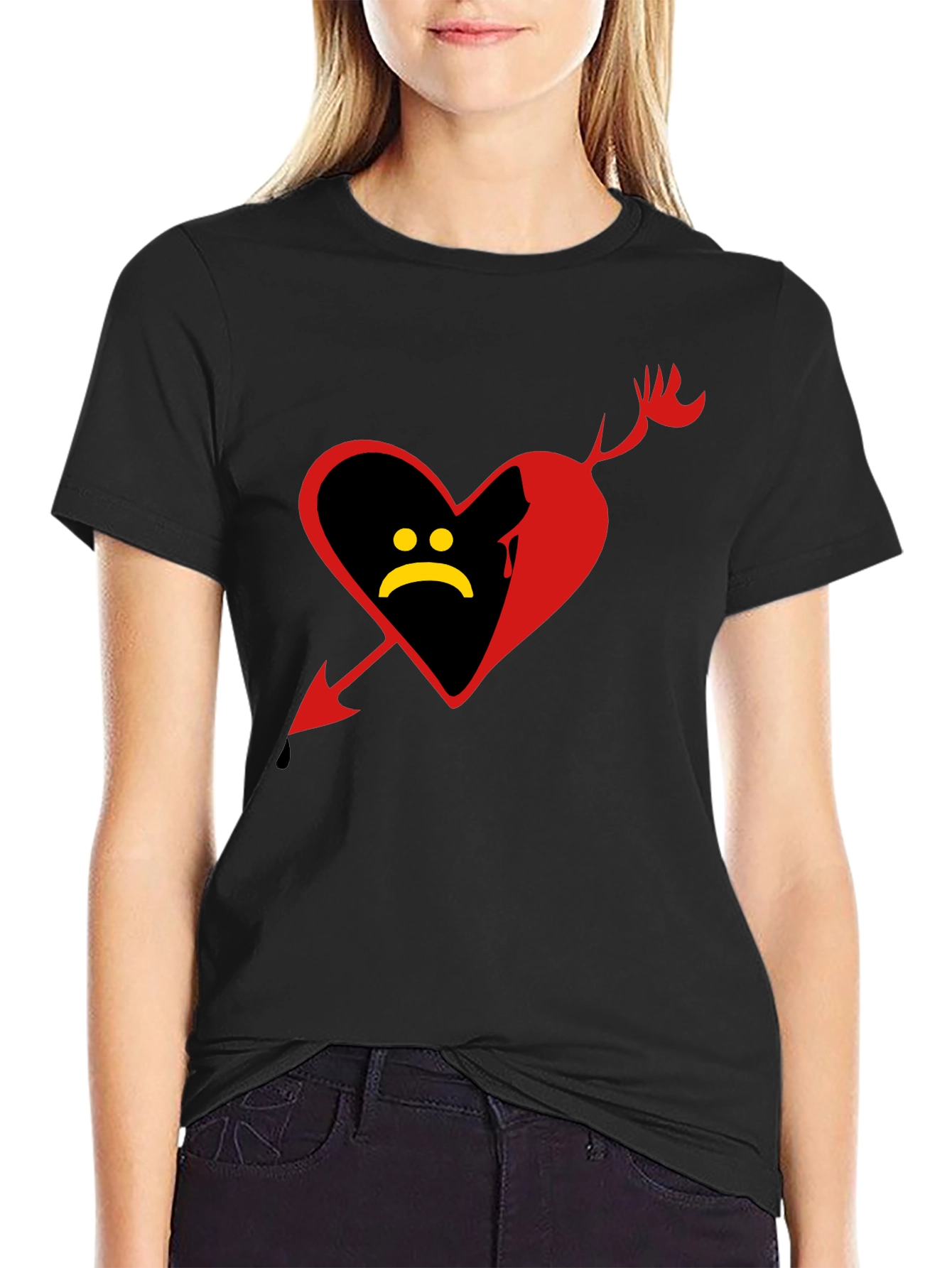 Sad Heart Graphic Tee - Black Cotton Shirt