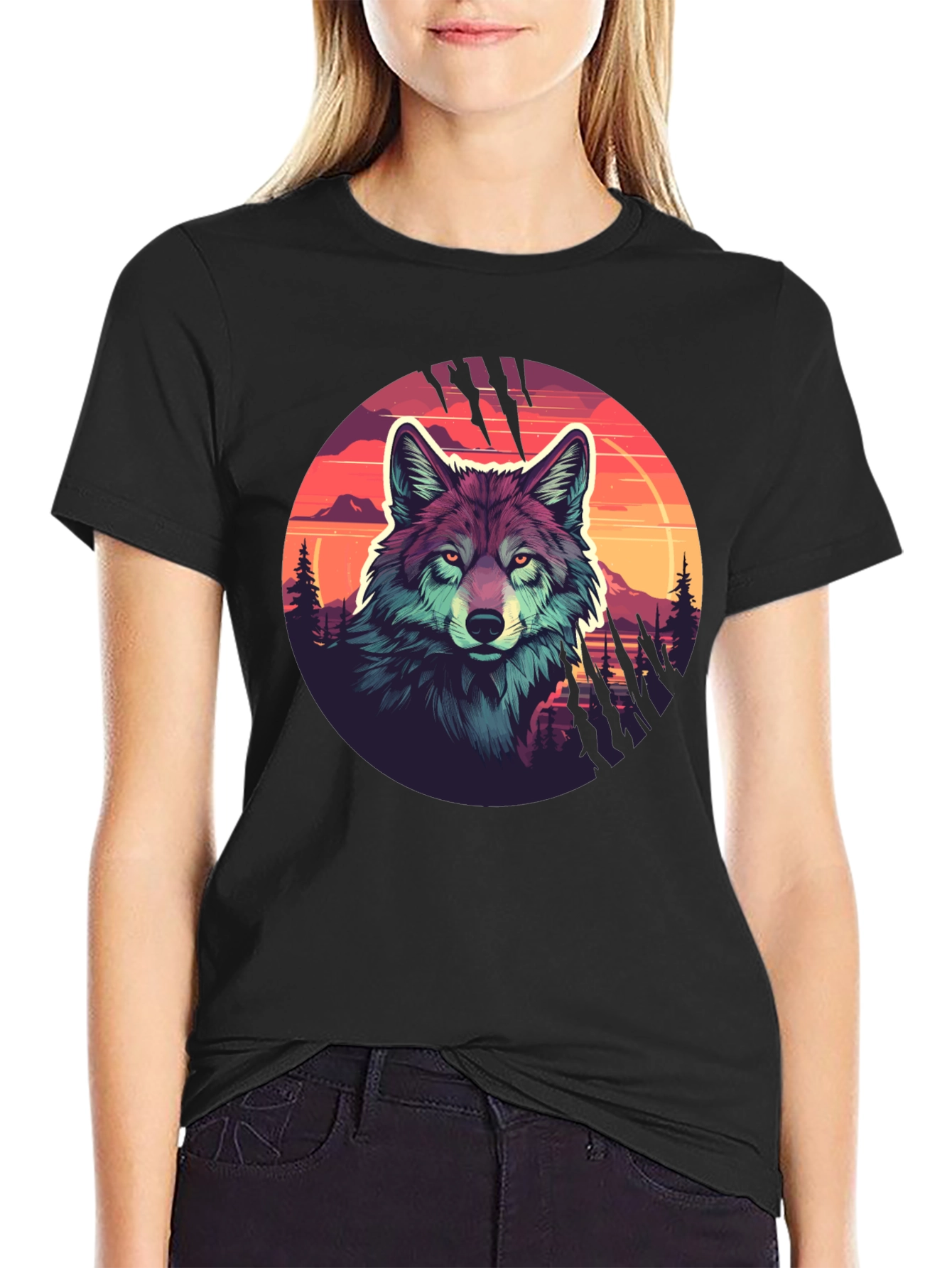 Wolf Graphic Tee - Sunset Design Black T-Shirt