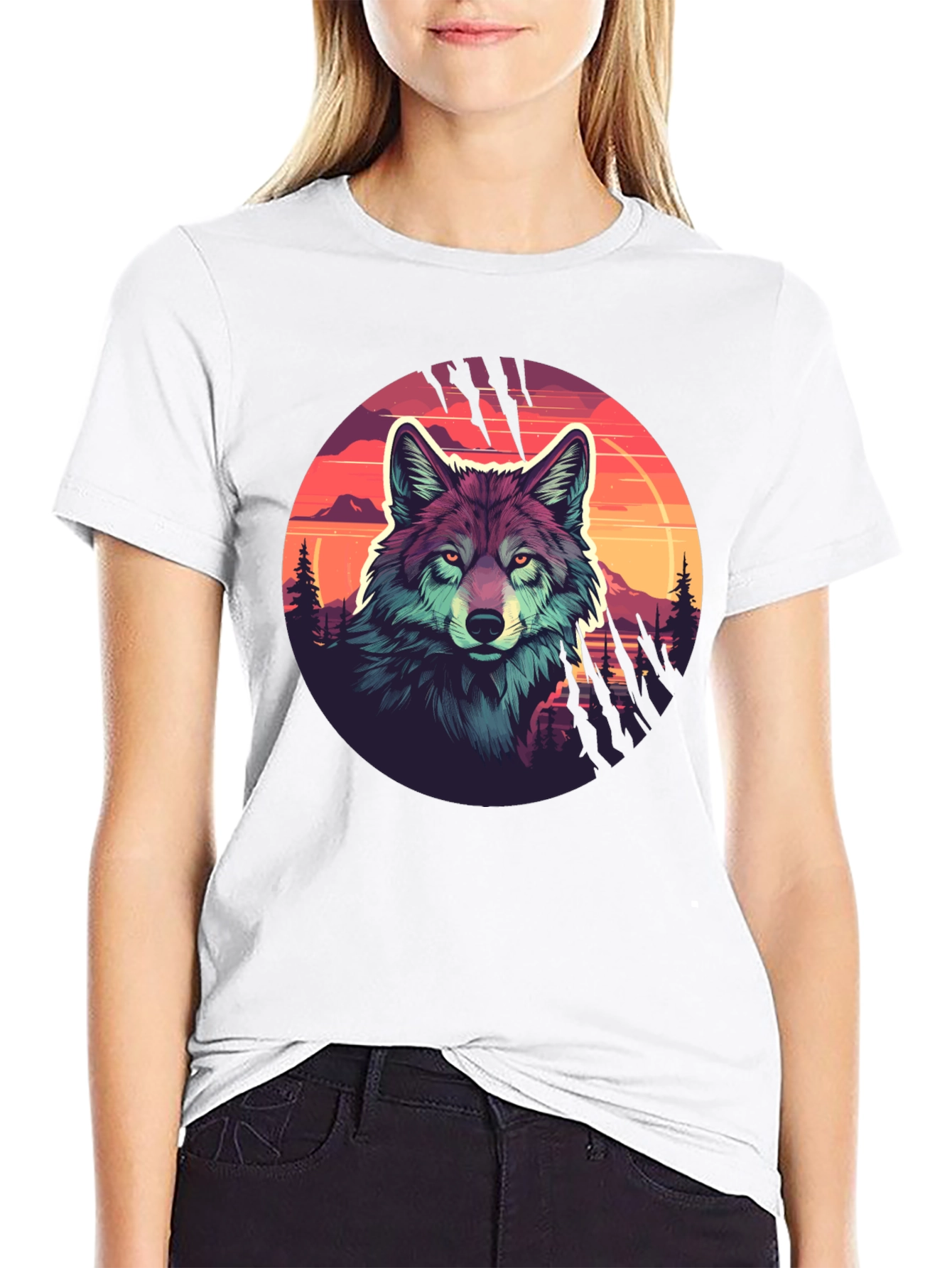 Wolf Graphic Tee - Sunset Design Black T-Shirt