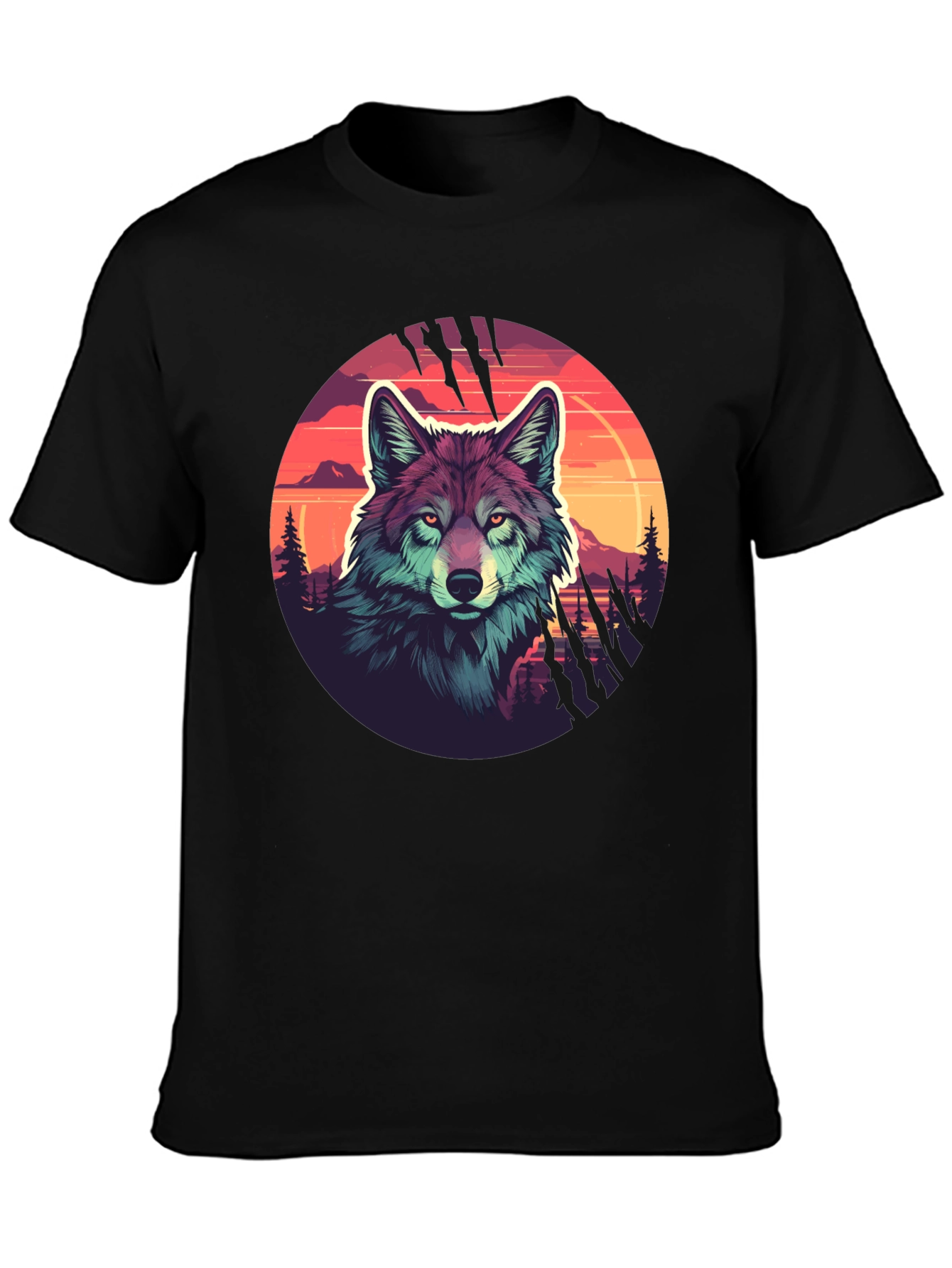 Wolf Graphic Tee - Sunset Design Black T-Shirt