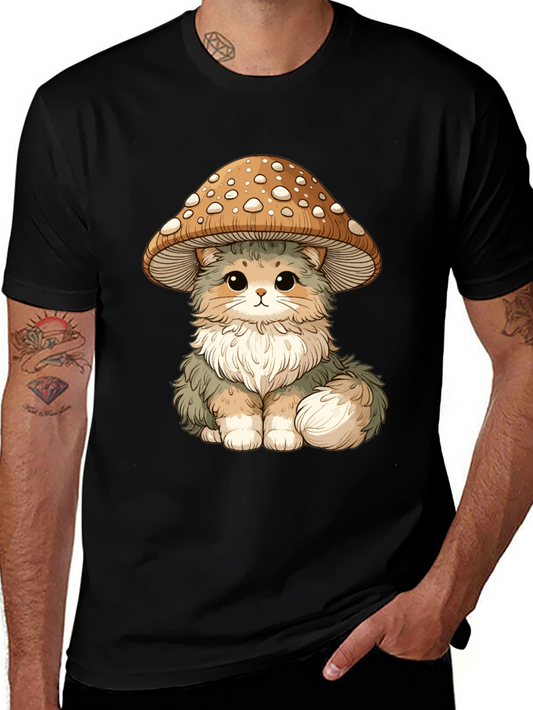 Mushroom Cat T-Shirt - Black Cotton Graphic Tee