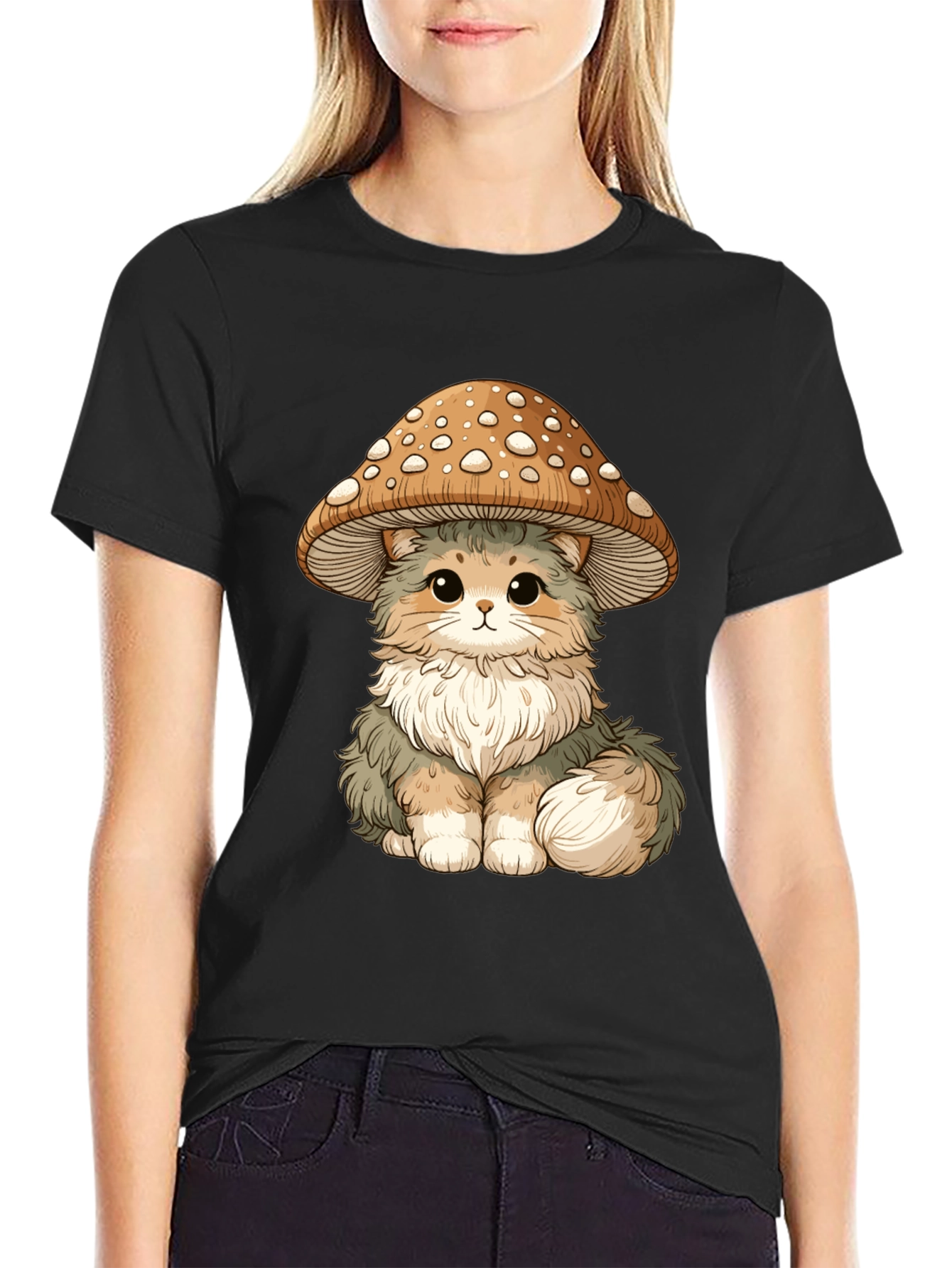 Mushroom Cat T-Shirt - Black Cotton Graphic Tee