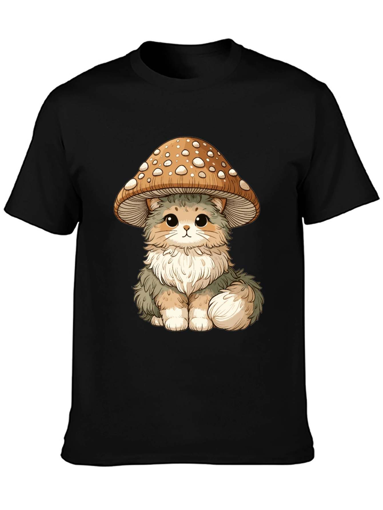 Mushroom Cat T-Shirt - Black Cotton Graphic Tee