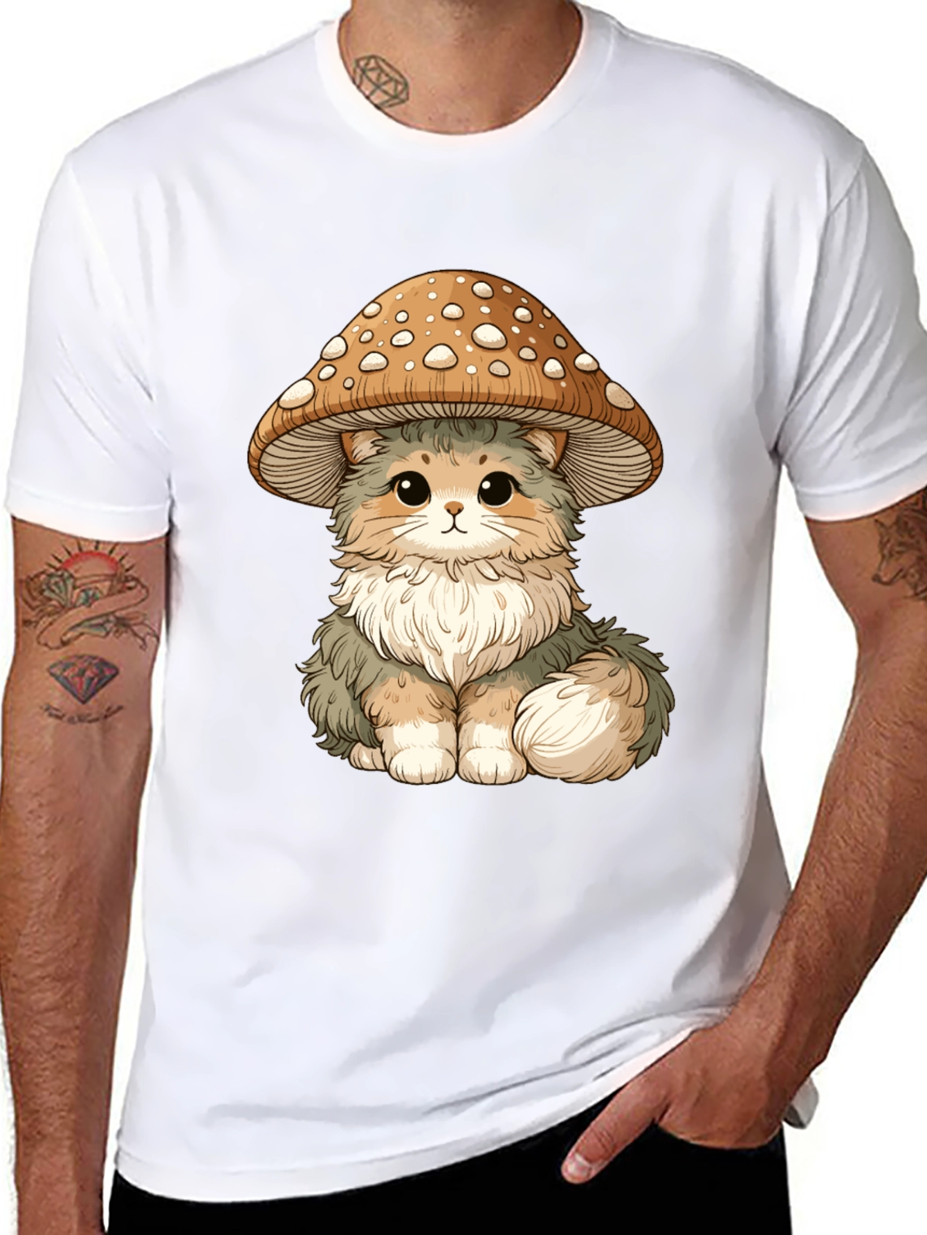 Mushroom Cat T-Shirt - Black Cotton Graphic Tee