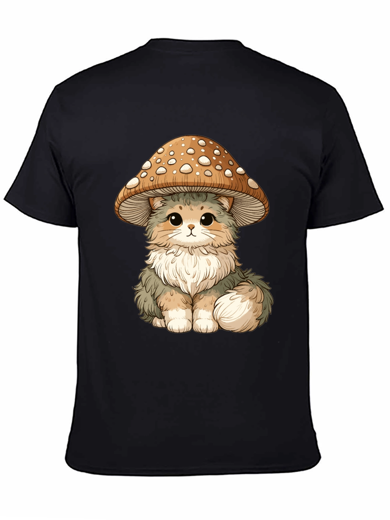 Mushroom Cat T-Shirt - Black Cotton Graphic Tee
