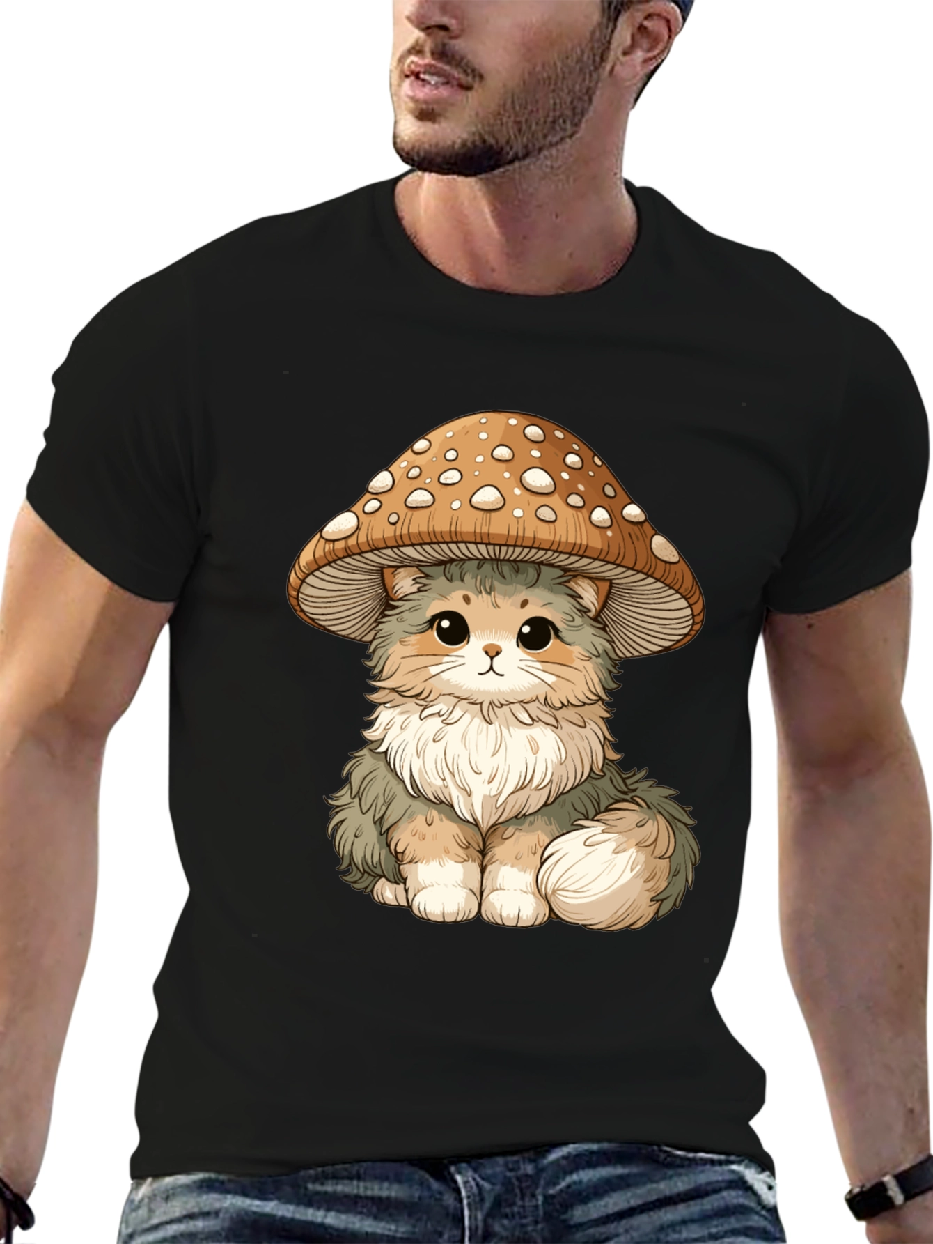Mushroom Cat T-Shirt - Black Cotton Graphic Tee