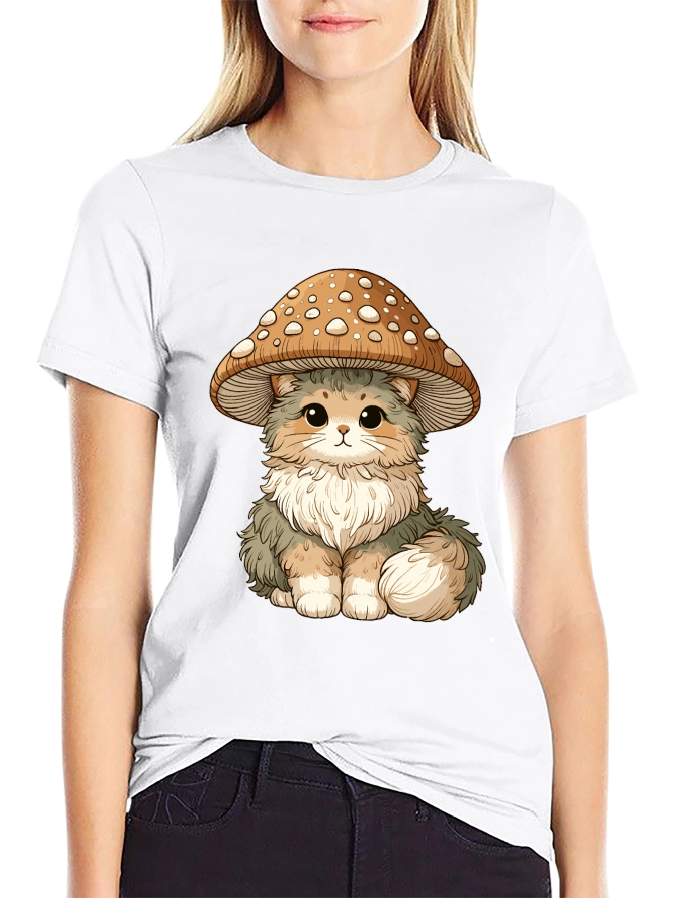 Mushroom Cat T-Shirt - Black Cotton Graphic Tee