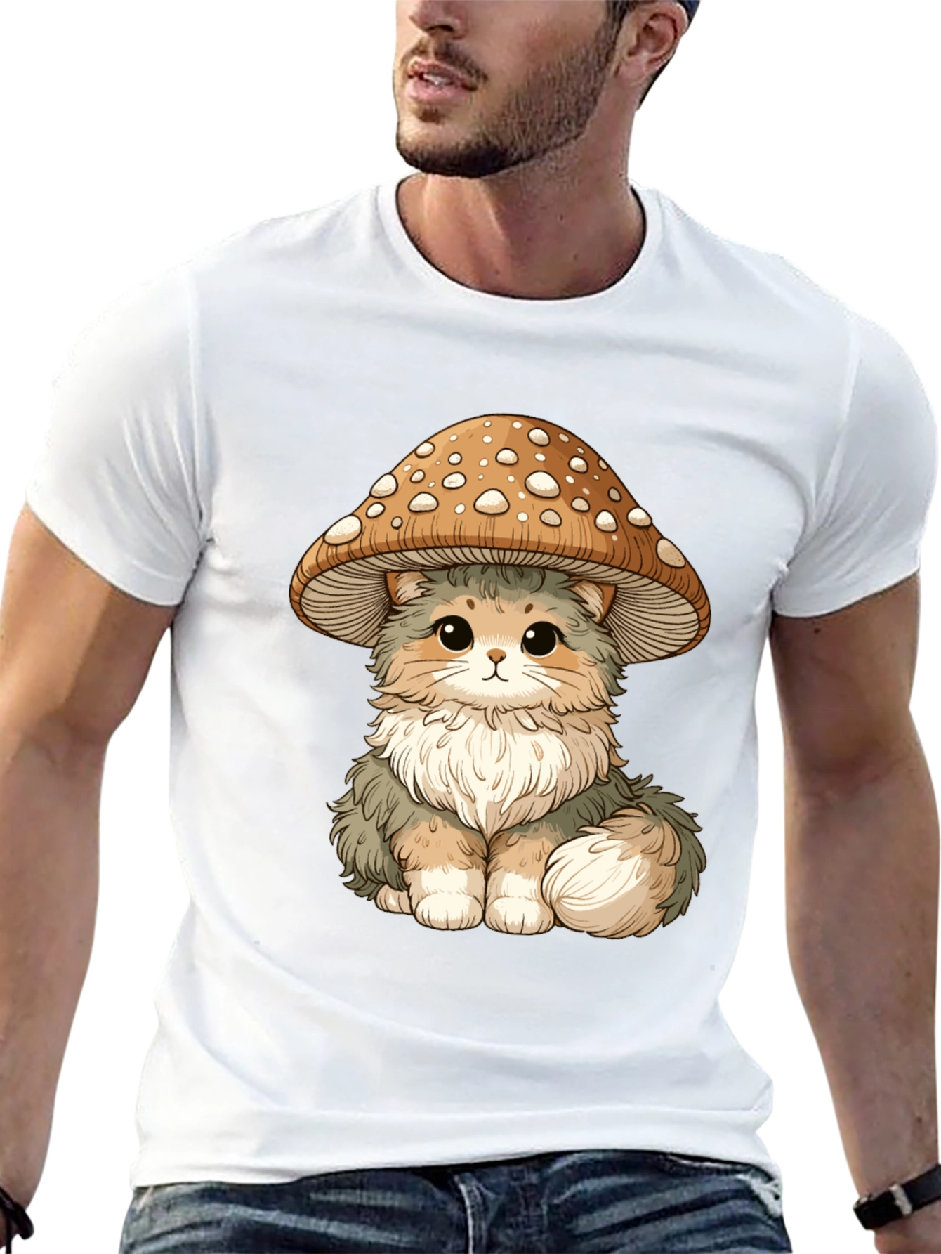 Mushroom Cat T-Shirt - Black Cotton Graphic Tee