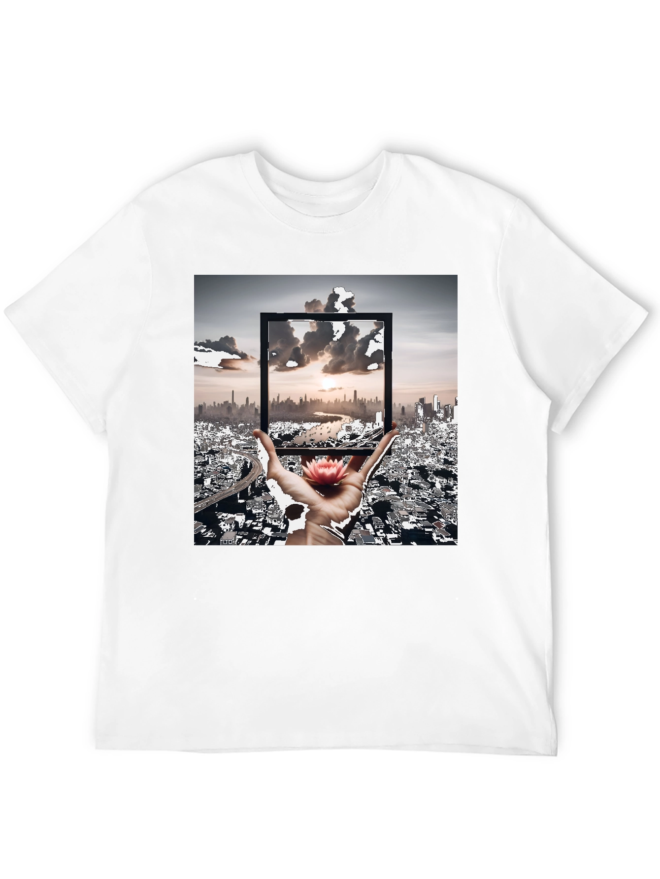 Artistic Black T-Shirt: Cityscape & Lotus Design