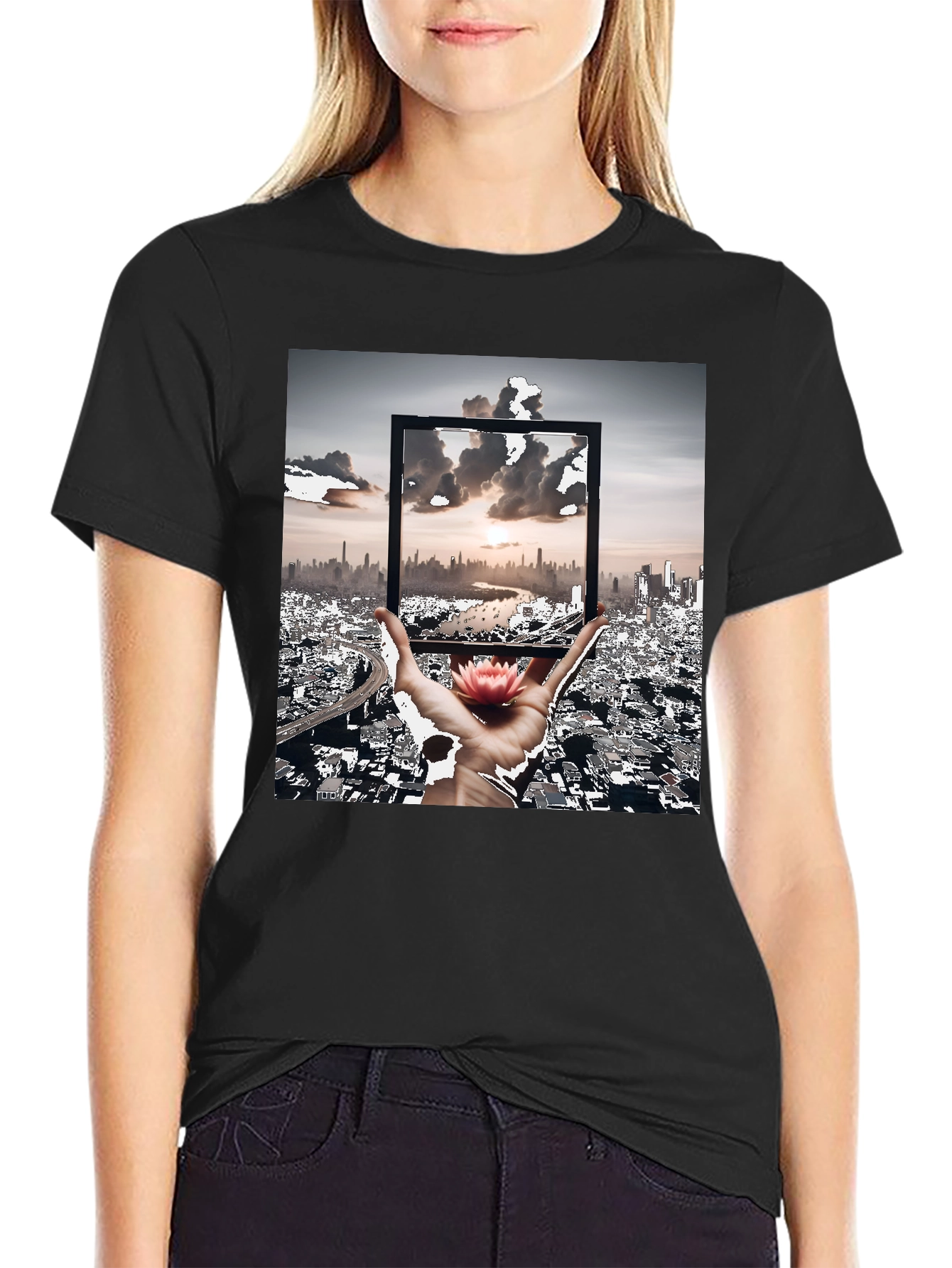 Artistic Black T-Shirt: Cityscape & Lotus Design