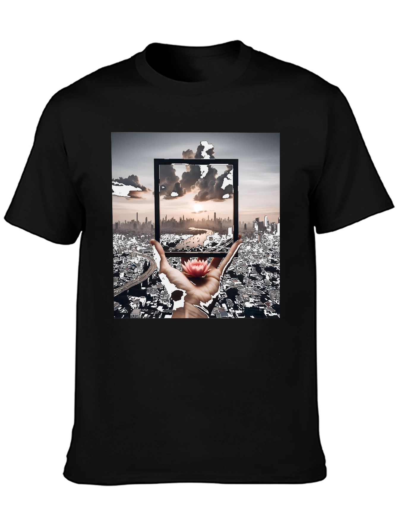 Artistic Black T-Shirt: Cityscape & Lotus Design