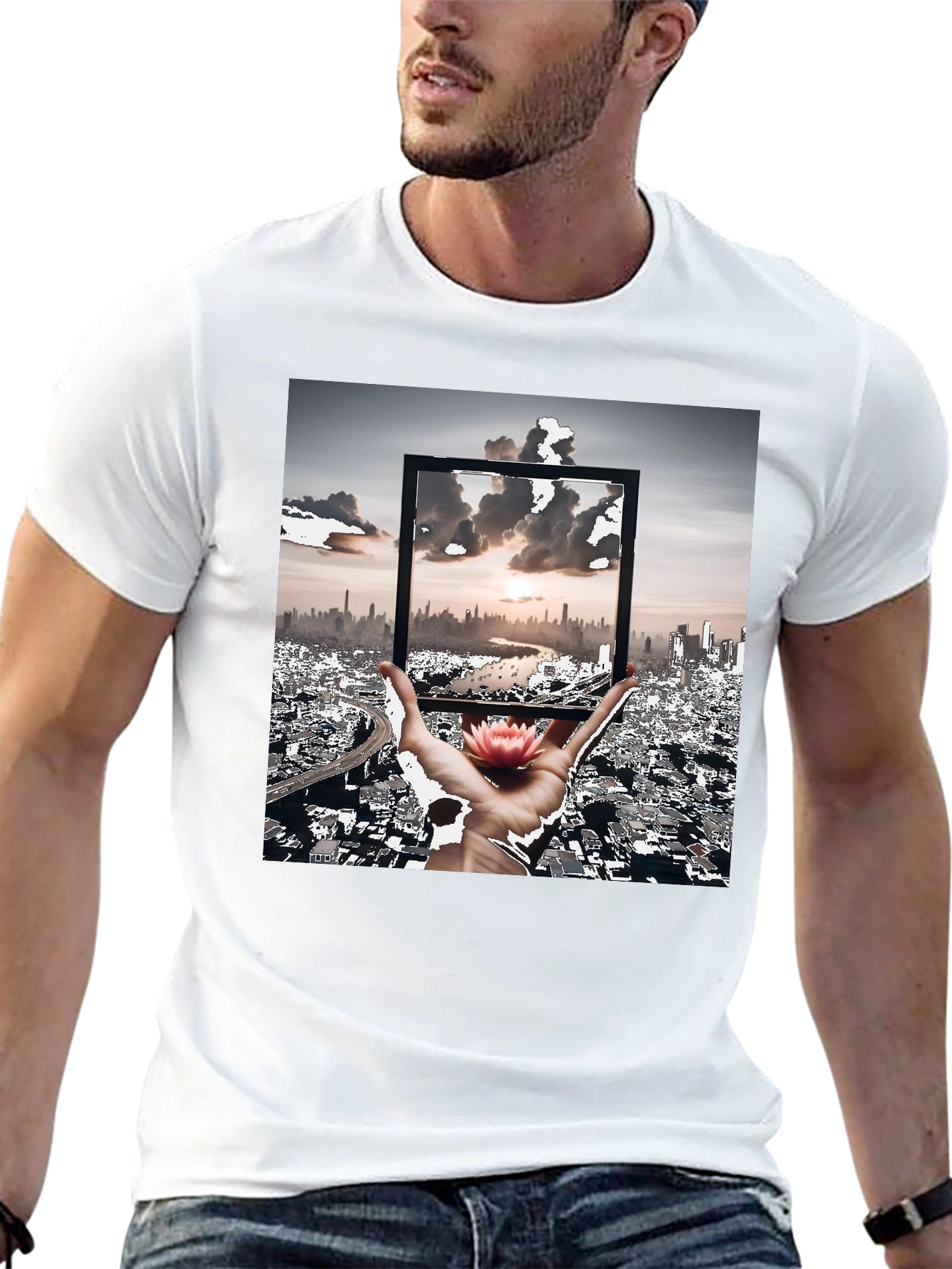 Artistic Black T-Shirt: Cityscape & Lotus Design
