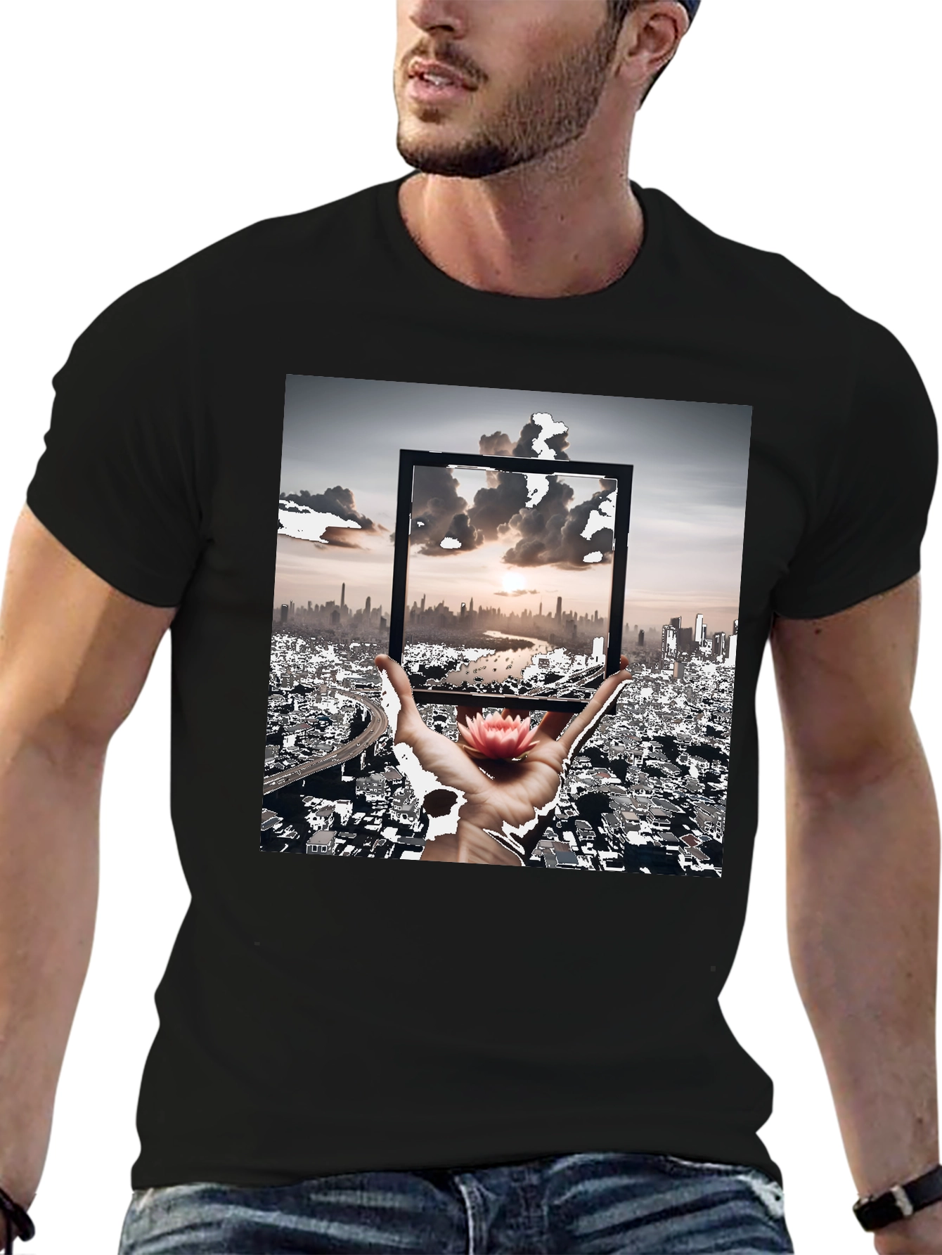 Artistic Black T-Shirt: Cityscape & Lotus Design