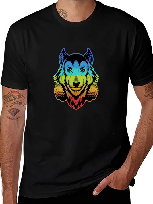 Rainbow Wolf Graphic Print Black T-Shirt