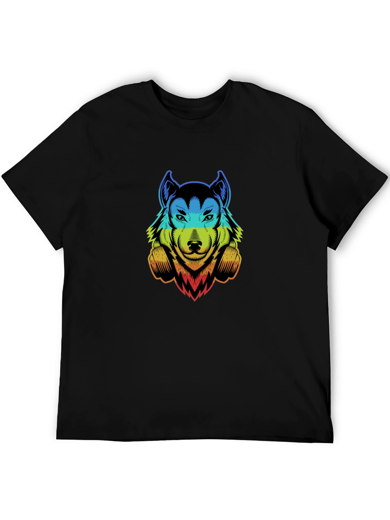Rainbow Wolf Graphic Print Black T-Shirt