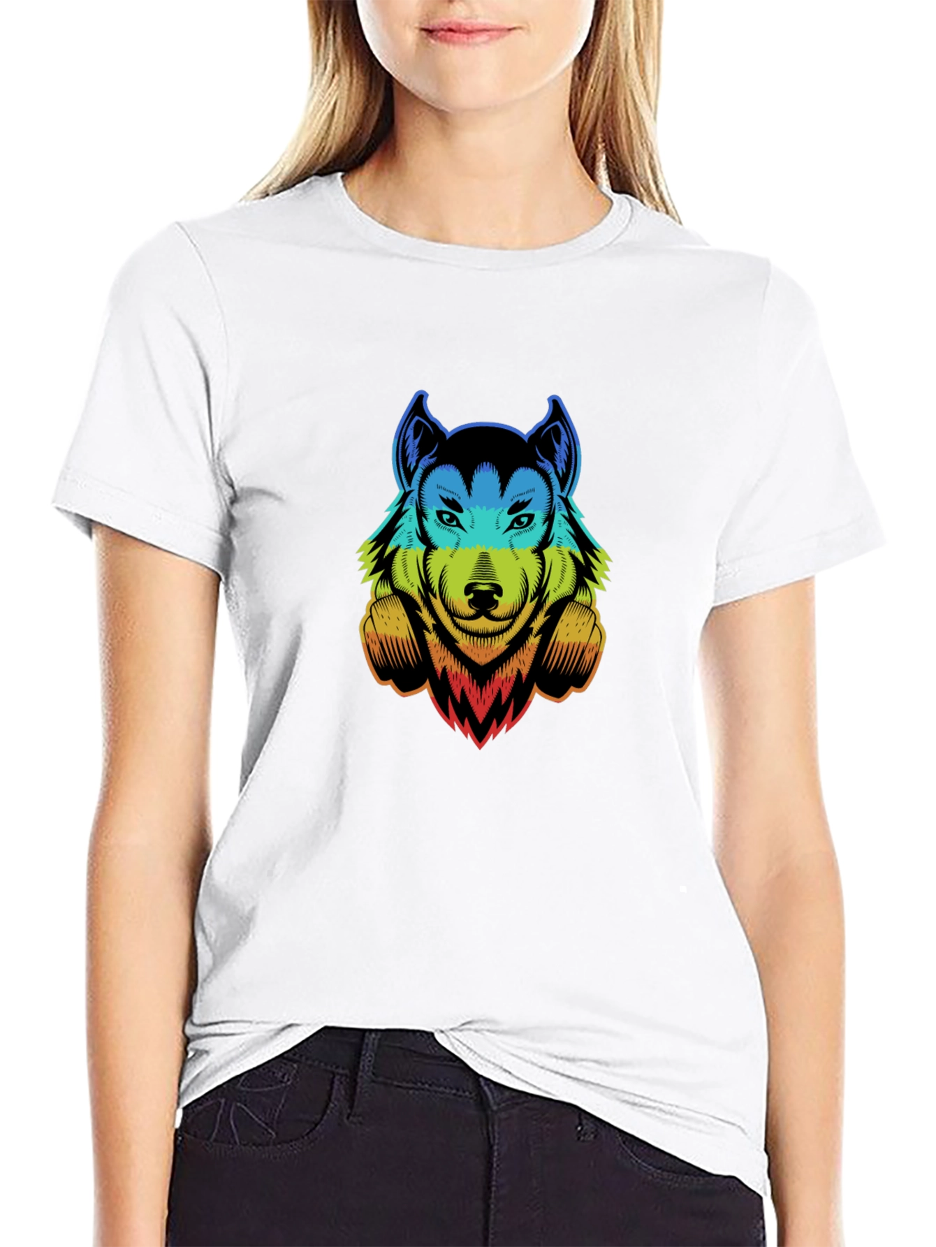 Rainbow Wolf Graphic Print Black T-Shirt