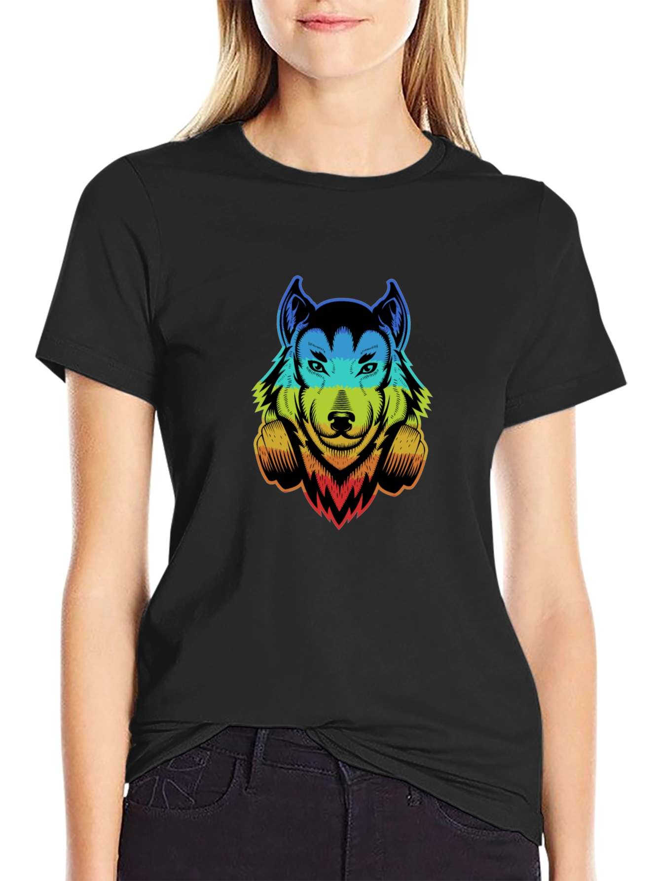 Rainbow Wolf Graphic Print Black T-Shirt