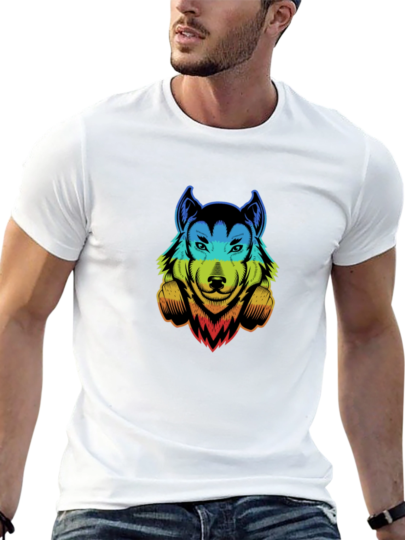 Rainbow Wolf Graphic Print Black T-Shirt