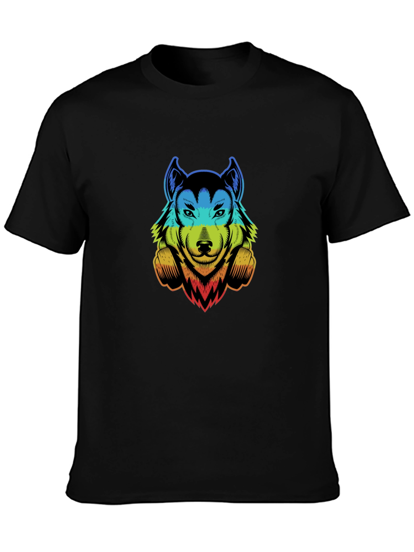 Rainbow Wolf Graphic Print Black T-Shirt