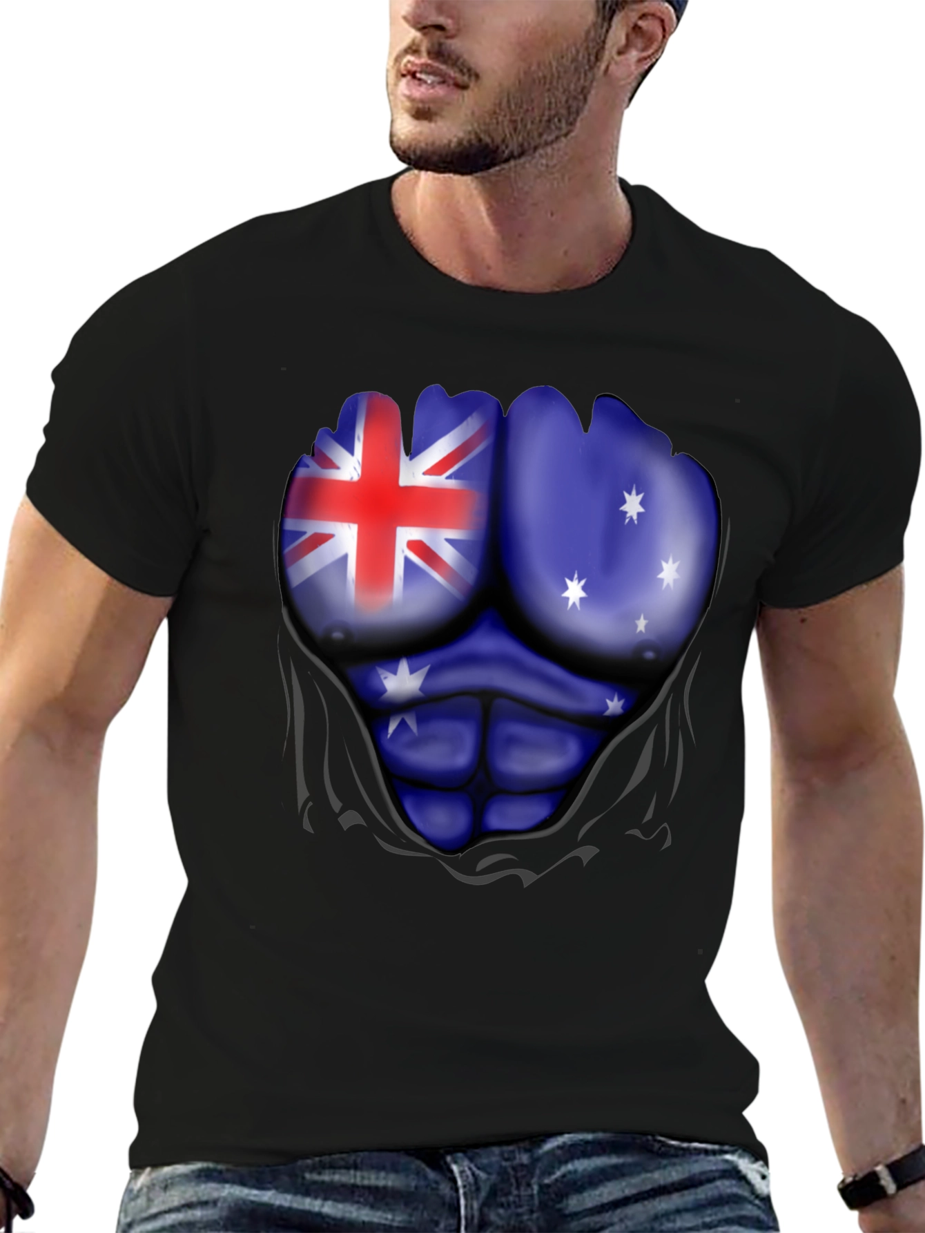 Australian Flag Muscle Print Black T-Shirt