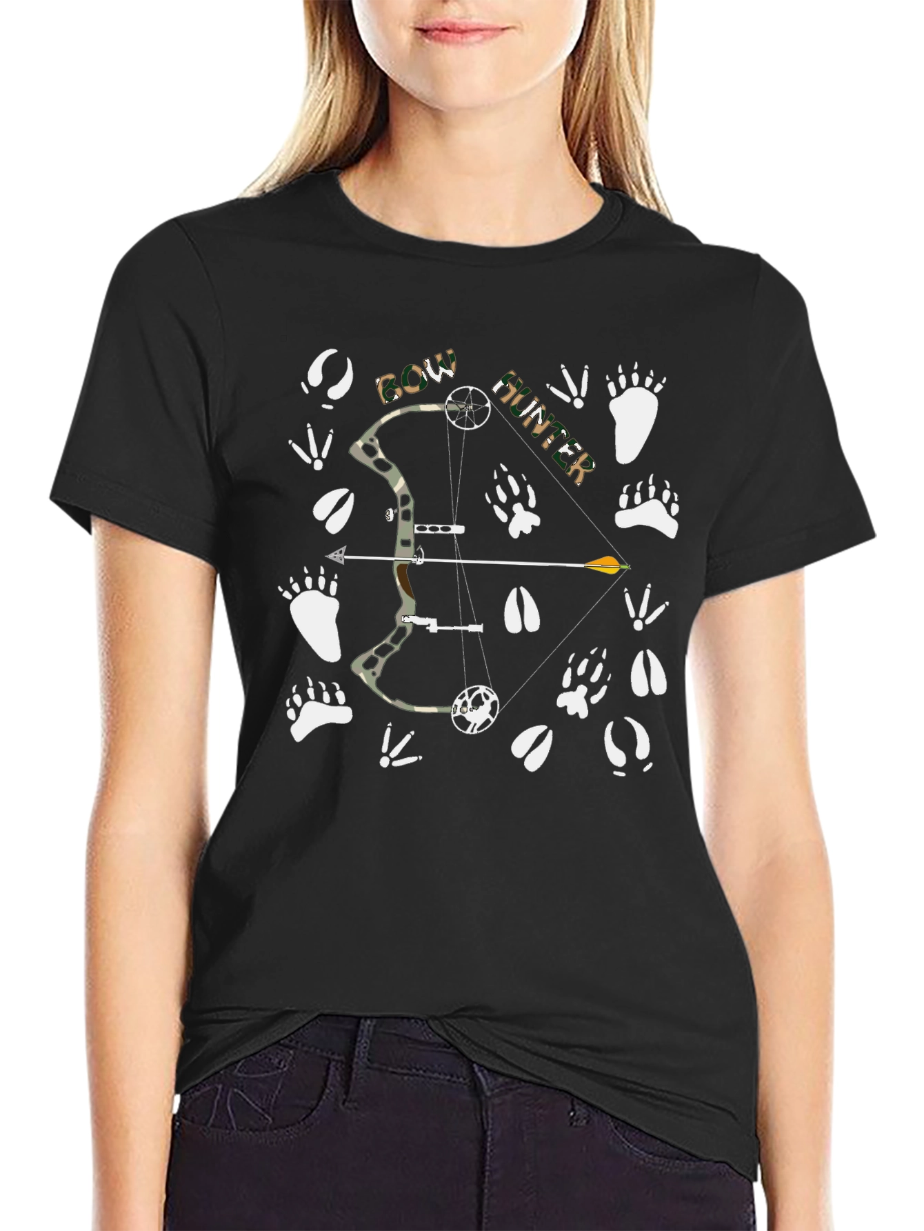 Bow Hunter T-Shirt: Camo Bow Animal Tracks Graphic Tee