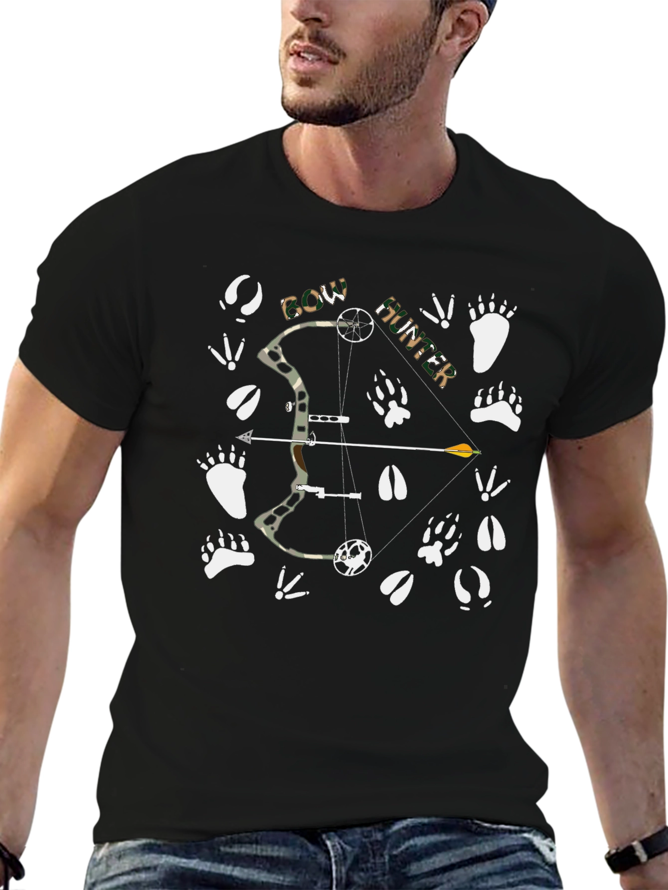 Bow Hunter T-Shirt: Camo Bow Animal Tracks Graphic Tee