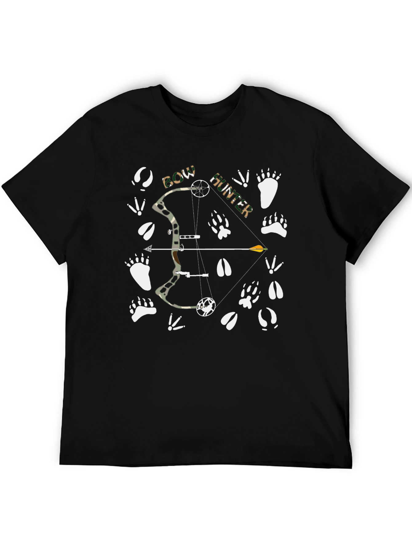 Bow Hunter T-Shirt: Camo Bow Animal Tracks Graphic Tee