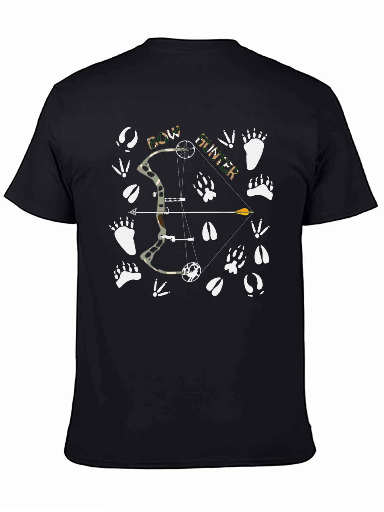 Bow Hunter T-Shirt: Camo Bow Animal Tracks Graphic Tee