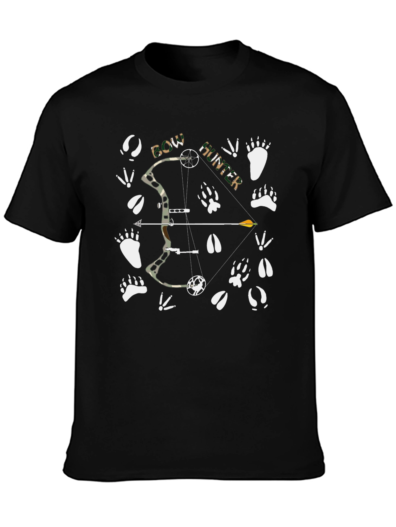 Bow Hunter T-Shirt: Camo Bow Animal Tracks Graphic Tee